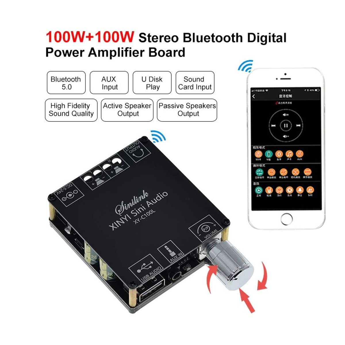 GENERICO - Amplificador Audio Bluetooth 5.0 TPA3116 XY-C100L 2x100W