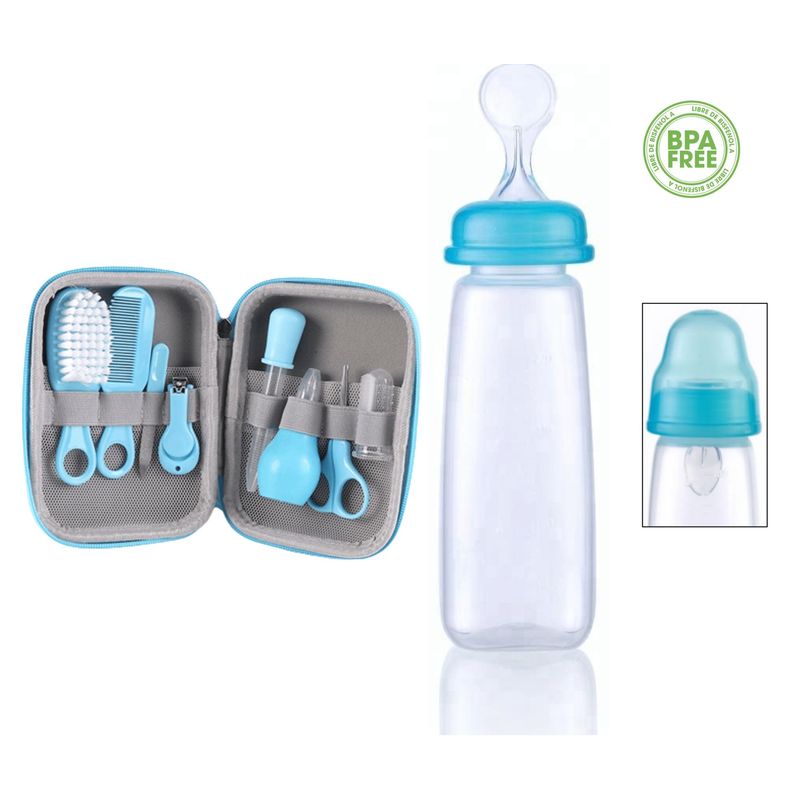 GENERICO - KIT CUIDADO ASEO CARTUCHERA BEBÉ  TETERO CUCHARA AZUL