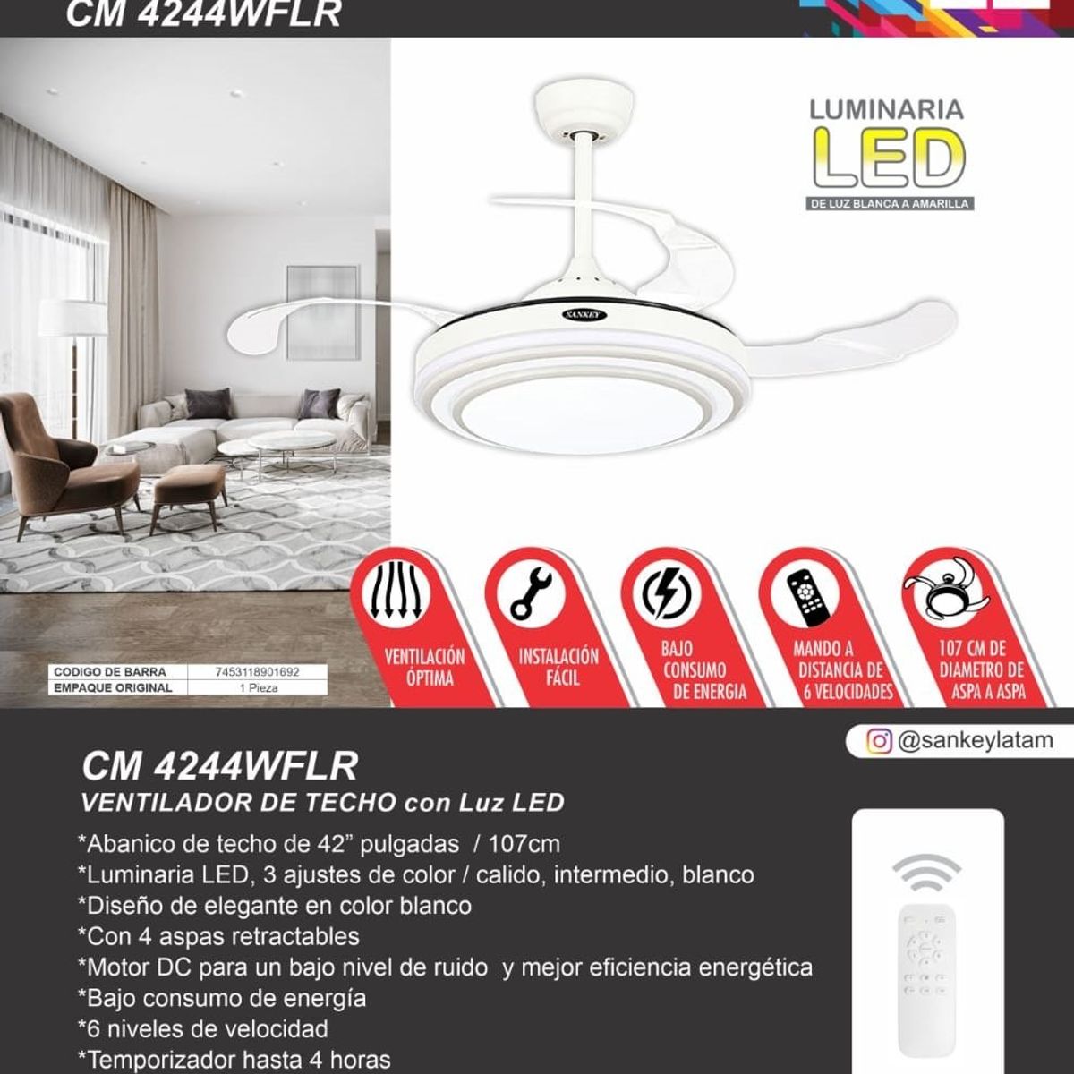SANKEY - Ventilador de Techo Aspas Retráctiles Control Remoto y Lámpara 42Pulg