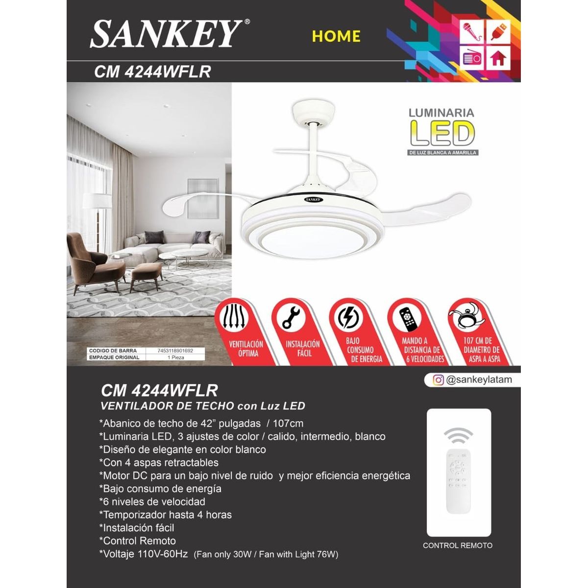 SANKEY - Ventilador de Techo Aspas Retráctiles Control Remoto y Lámpara 42Pulg