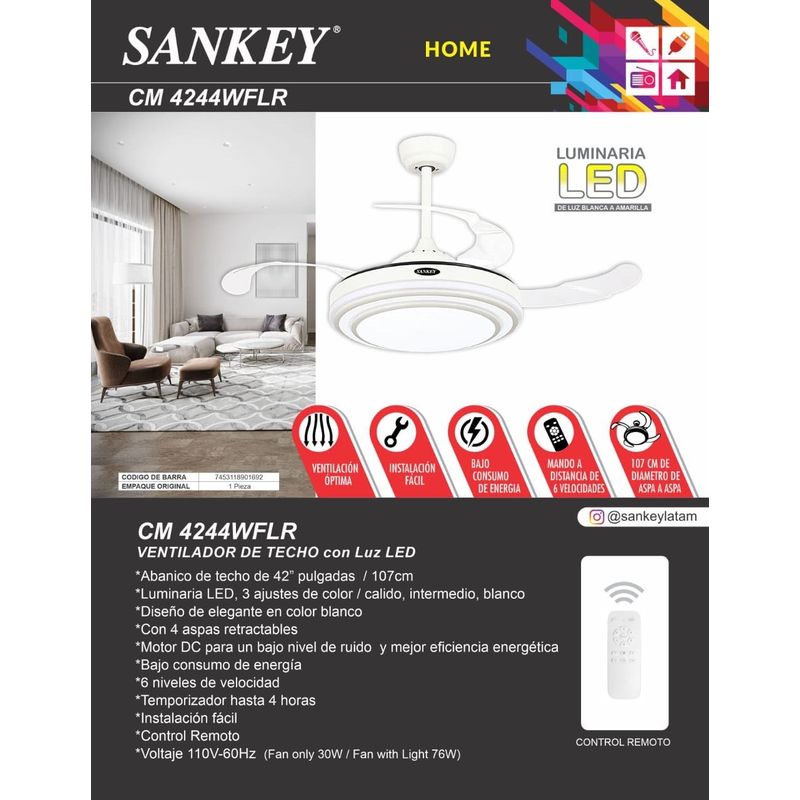 SANKEY - Ventilador de Techo Aspas Retráctiles Control Remoto y Lámpara 36 Pulg