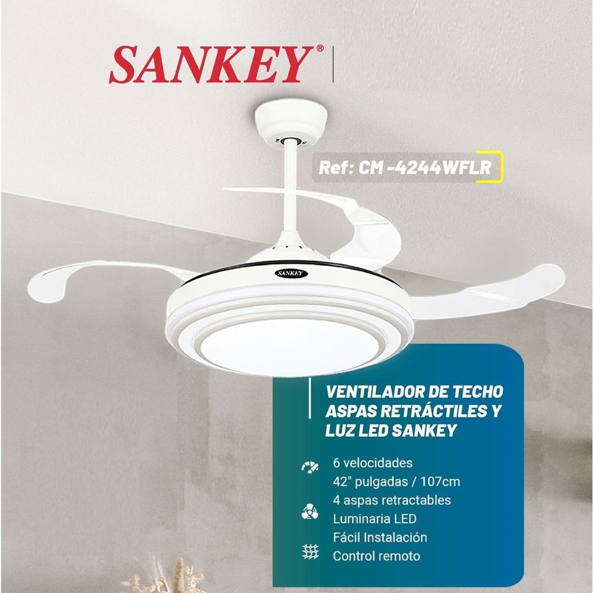 SANKEY - Ventilador de Techo Aspas Retráctiles Control Remoto y Lámpara 42Pulg