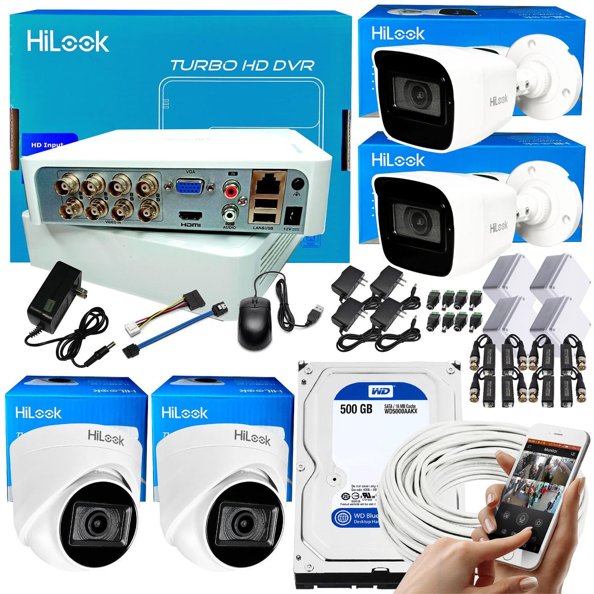 HILOOK - KIT CCTV HIKVISION HILOOK DVR 8CH + 4 CÁMARAS DE SEGURIDAD CON AUDIO +DISCO 500G
