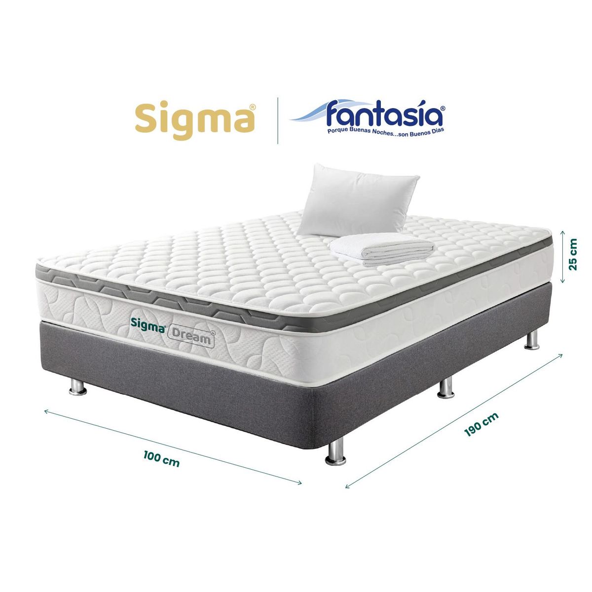 COLCHONES FANTASIA - Combo Sigma Dream 100x190+somier Pluss Lino Gris+ Almohada