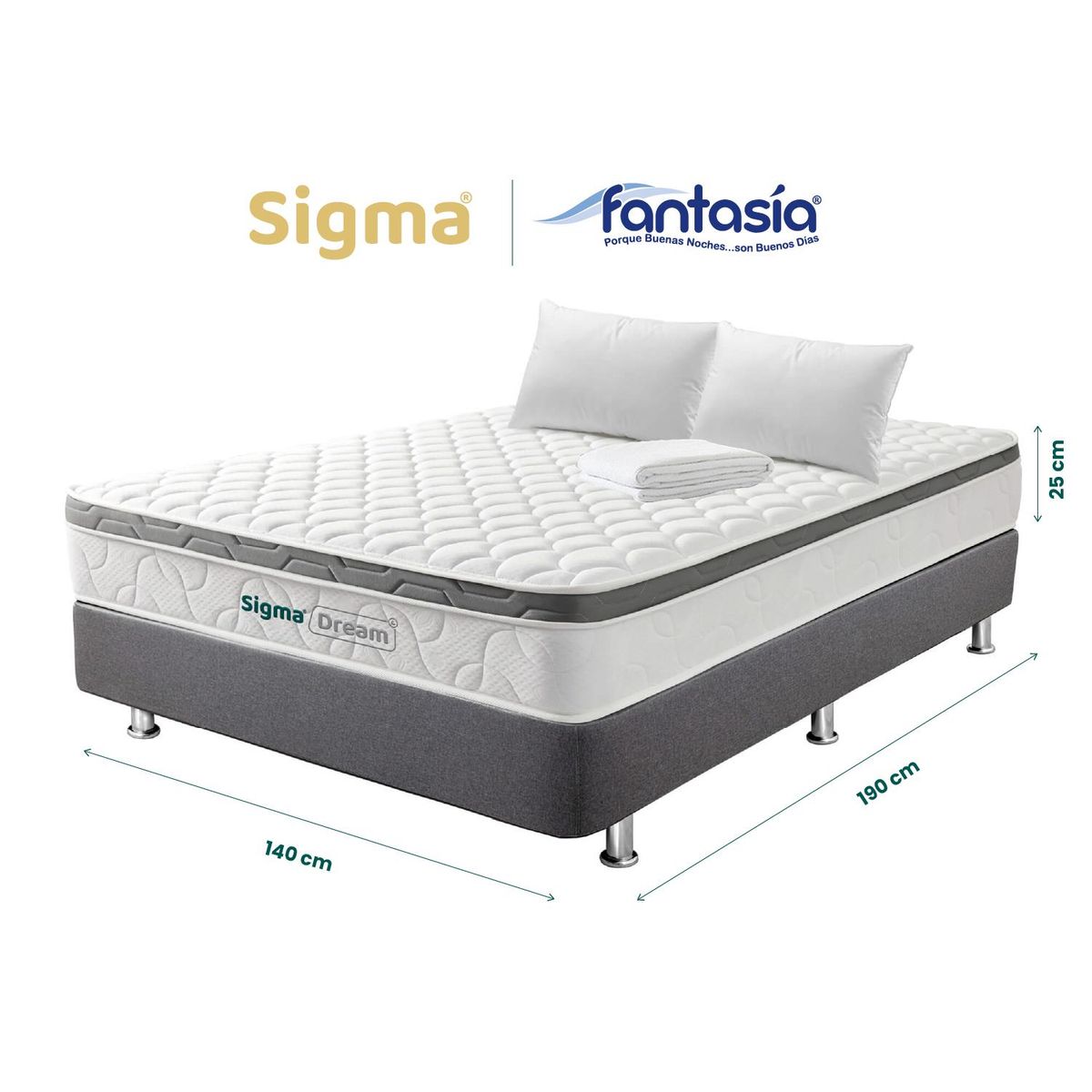 COLCHONES FANTASIA - Combo Sigma Dream 140x190+somier Pluss Lino Gris+ 2almohadas