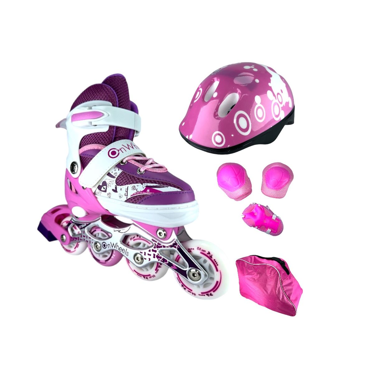 ONWHEELS - Patines Semiprofesionales Kit Onwheels Con Protecciones S 29 Ajustables a 33 Rosa