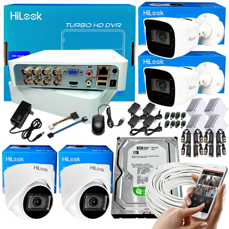 HILOOK - KIT CCTV HIKVISION HILOOK DVR 8CH + 4 CÁMARAS DE SEGURIDAD CON AUDIO + DISCO 1TB