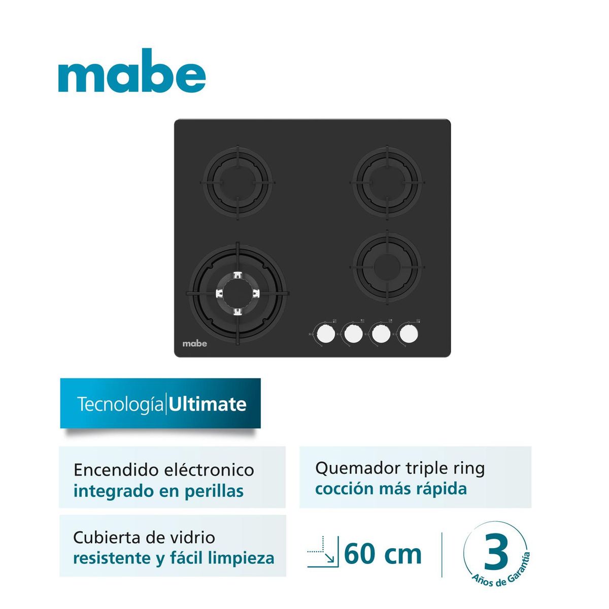 MABE - Estufa de empotrar 60cm Vidrio Templado Negro Mabe PM6048GV0
