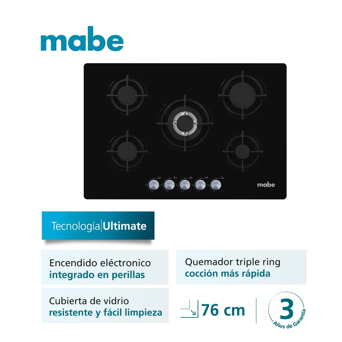 MABE - Estufa Empotrable de 76cm Vidrio Negro Mabe PM7650GV0