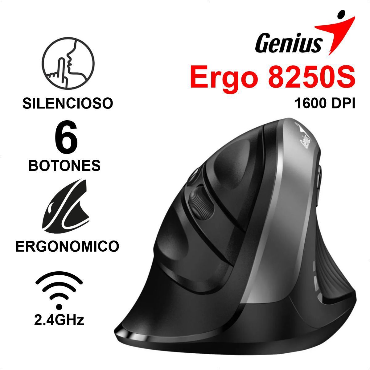 GENIUS - Mouse Vertical Genius Ergo 8250s Inalámbrico 6 Botones, Gray