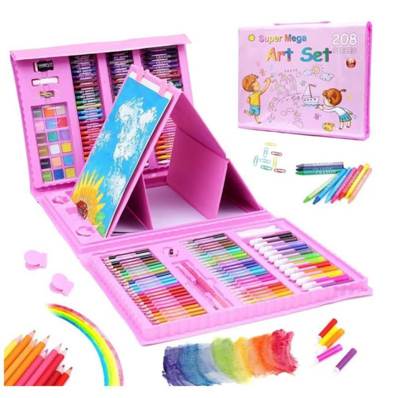 GENERICO - Set De Arte Niños 208 Piezas Crayon Acuarela Plumon ROSA