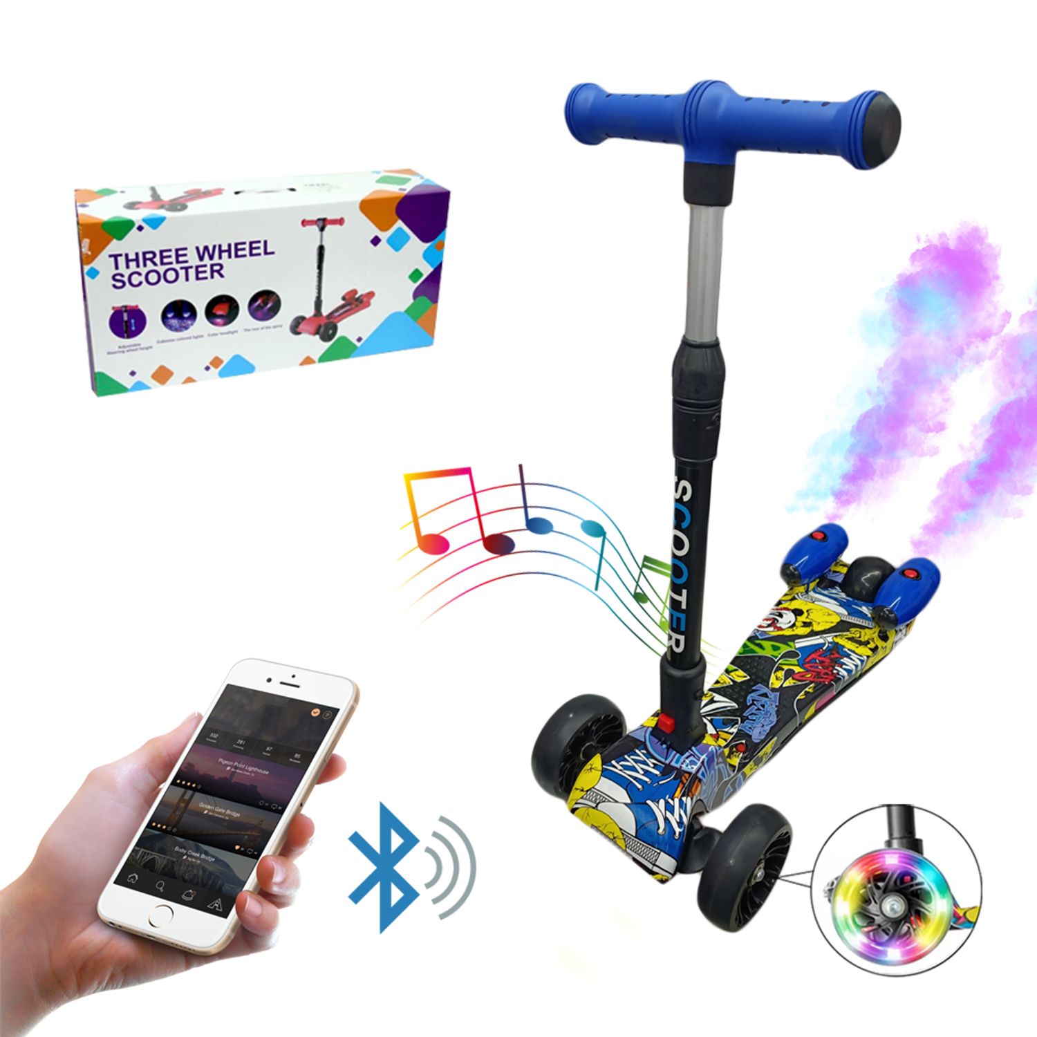"Patineta Scooter Con Humo Para Niños Bluetooth Y Luces Azul"