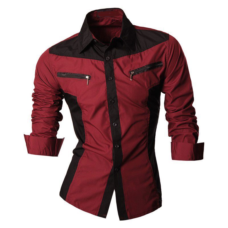 GENERAL - Camisa Hombre Elegante Con Estilo Cremalleras Manga Larga Vinotinto