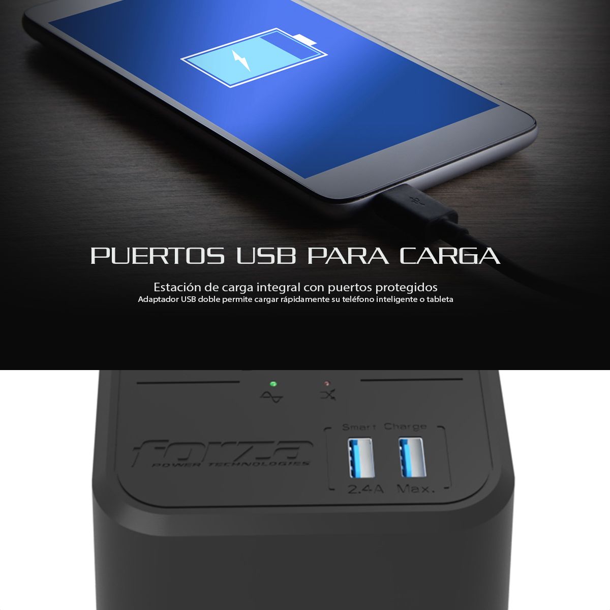 FORZA - Regulador de Voltaje Automático Forza FVR-1221USB 1200VA 8 Tomas + 2 USB AVR Protección Eléctrica