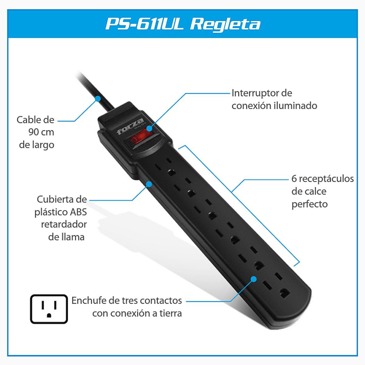 FORZA - Multitoma Forza Ps-611ul, Extensión 90cm / 6 Tomas / 1875w