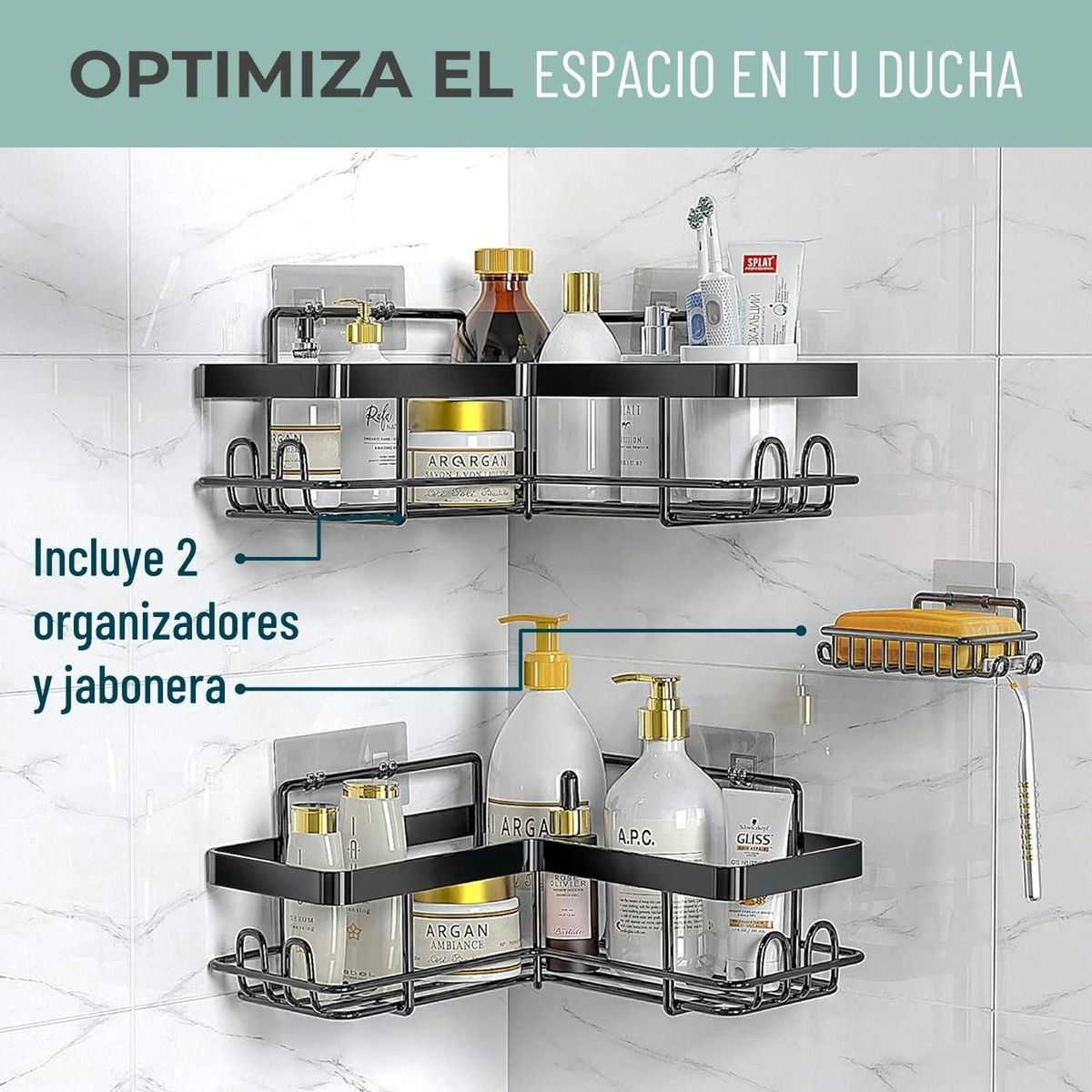 CASATUA - Organizador Ducha Baño Esquinero Inoxidable X2 + 1 Jabonera - Negro