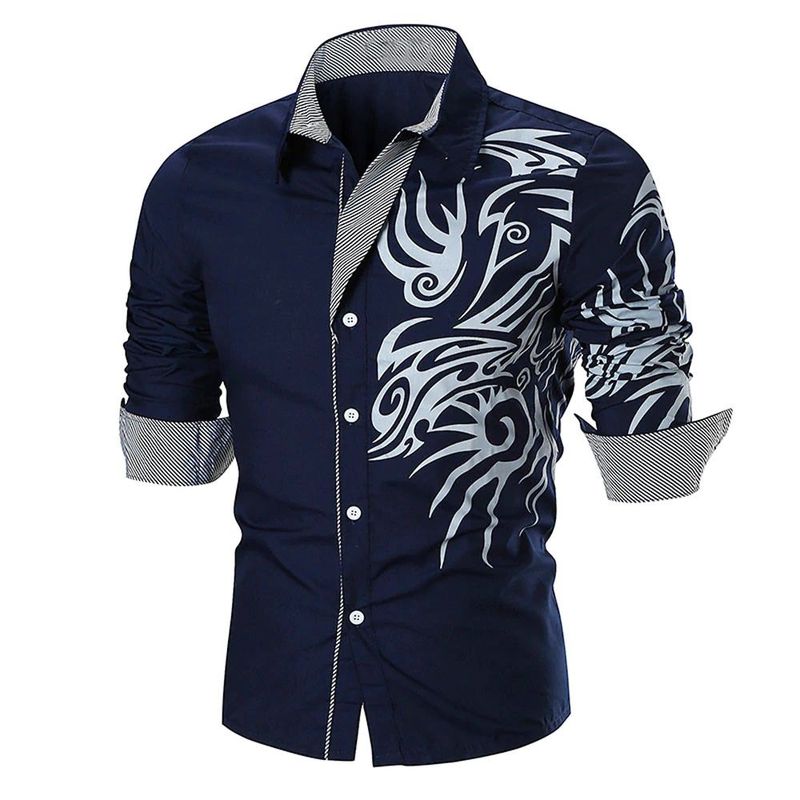 GENERICO - Camisa Manga Larga Tribal Moderna A La Moda Elegante Azul Oscuro