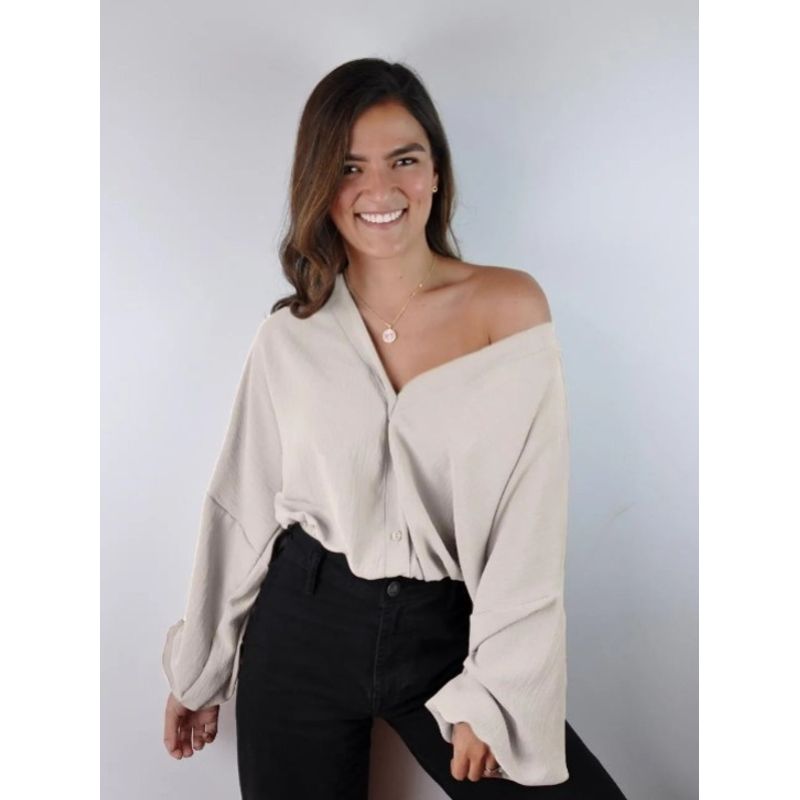 MOLGOA - Blusa para Mujer Cocoa Escote V Manga Larga Bombacha - Ocaso Beige