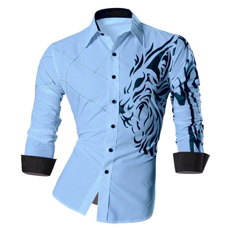 GENERAL - Camisa Hombre Elegante Estilo Dragon Manga Larga Azul Claro