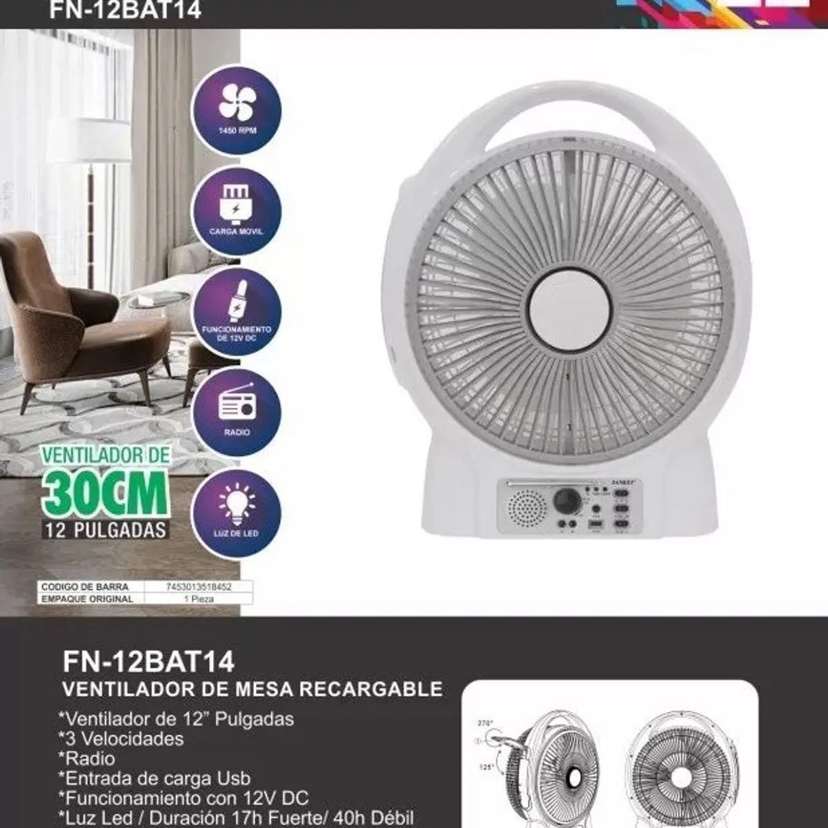 SANKEY - Ventilador Abanico Recargable Sankey con Radio y Luz de 12 Pulg Sankey
