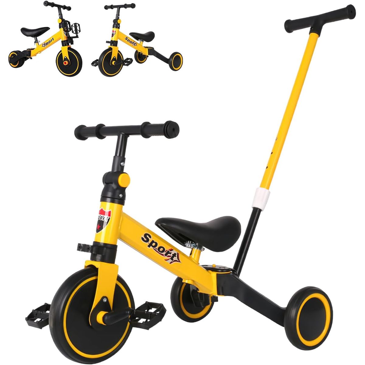 GENERICO - Triciclo Con Guía Y Bicicleta Inicación 5 En 1 Bebe AMARILLO