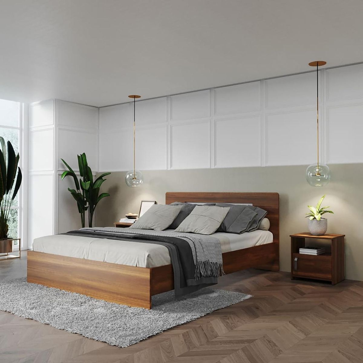 MADERKIT - Combo Cama Doble (140 cm) + 2 Mesas de Noche Praga