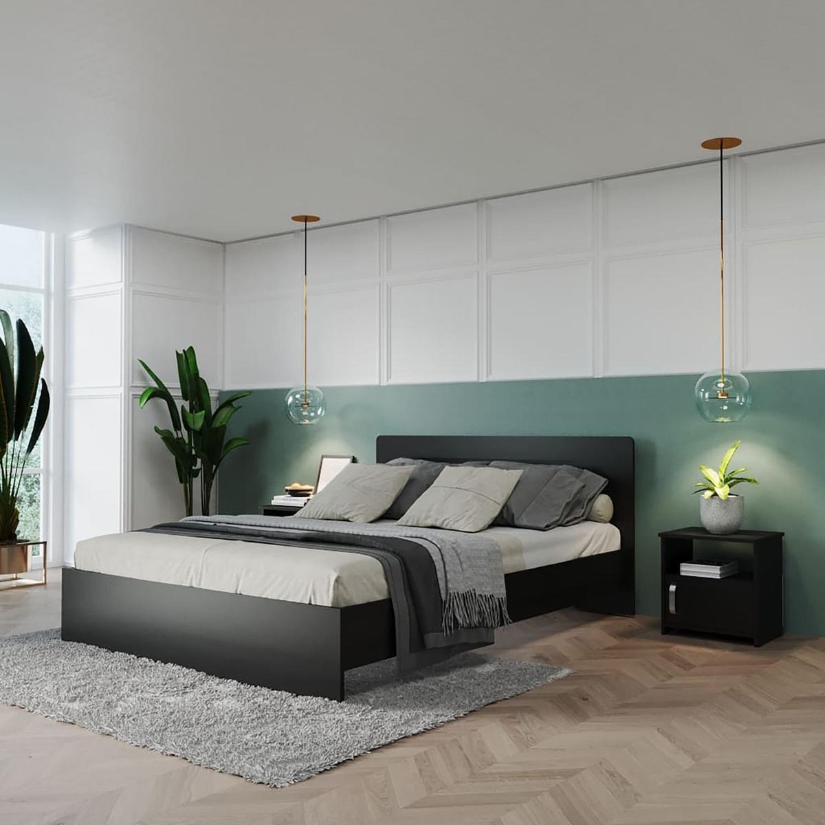MADERKIT - Combo Cama Doble (140 cm) + 2 Mesas de Noche Praga