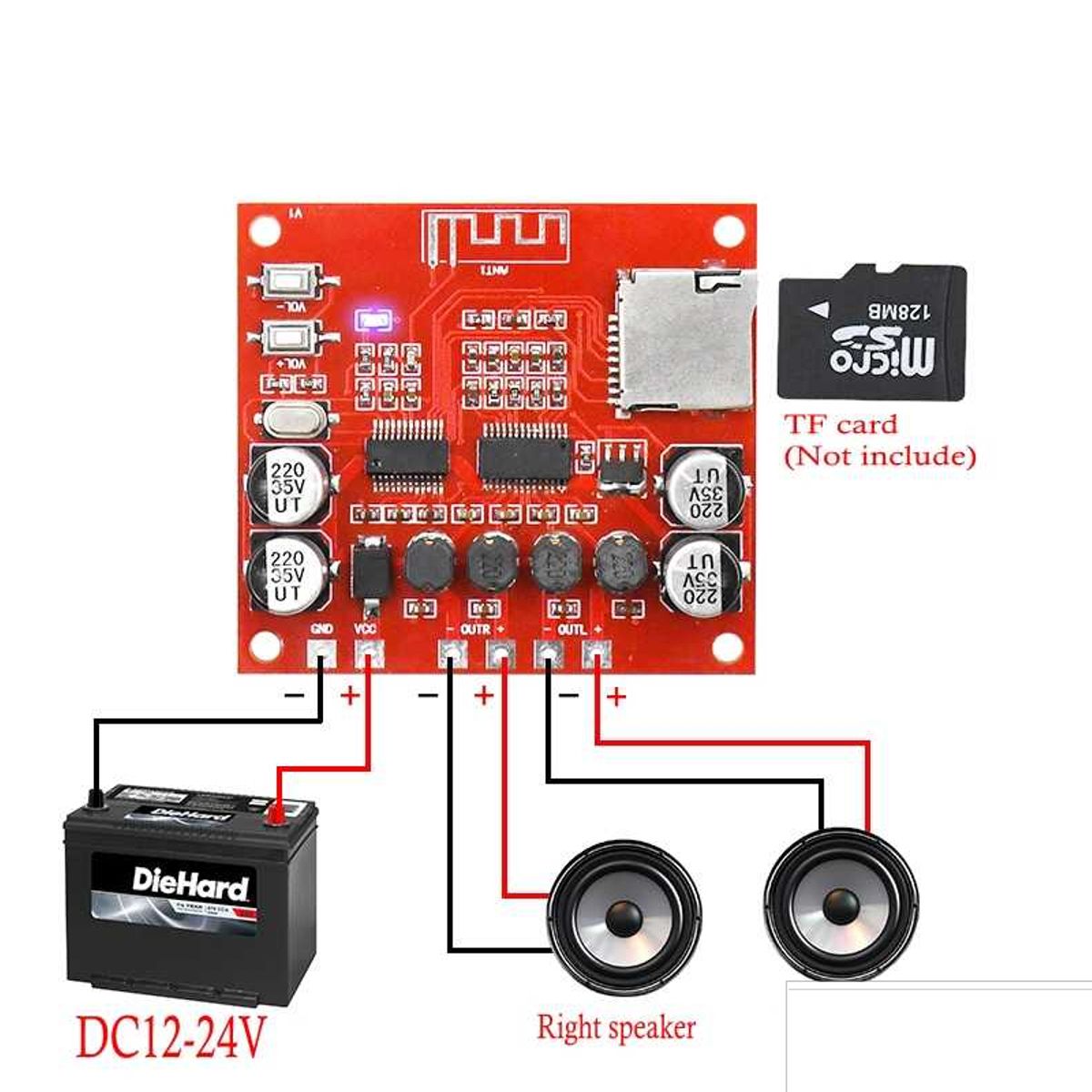 GENERICO - Amplificador Audio Estereo Bluetooth XH-A233 12-24V 2x15W MicroSD