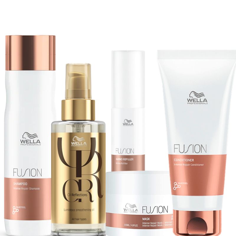 WELLA - Kit Wella Fusion Shampoo  Mascarilla  Oleo  Acondicionador  Amino Refiller