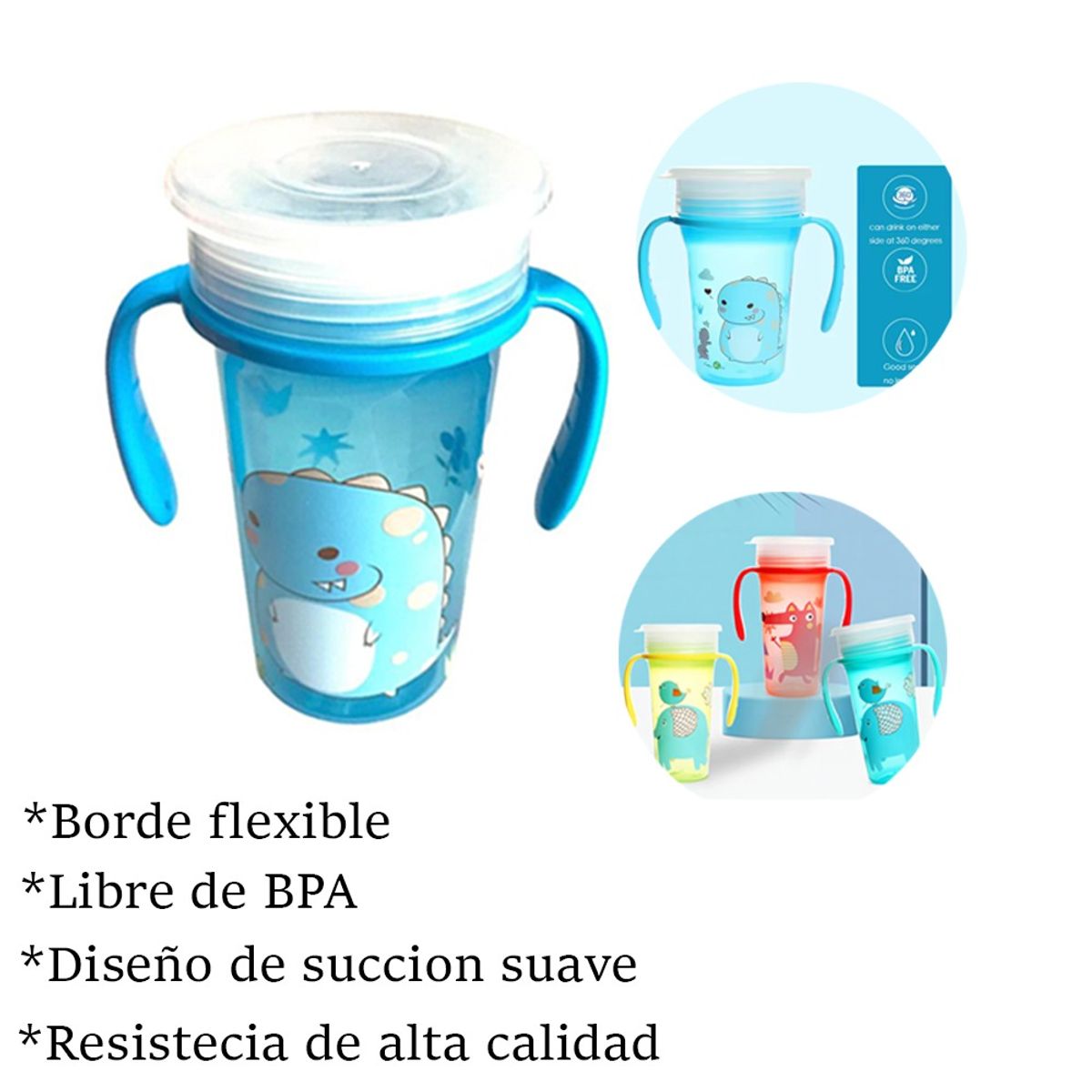 GENERICO - Vaso Mágico Antiderrame 360 Libre Bpa Con Asas - AZUL