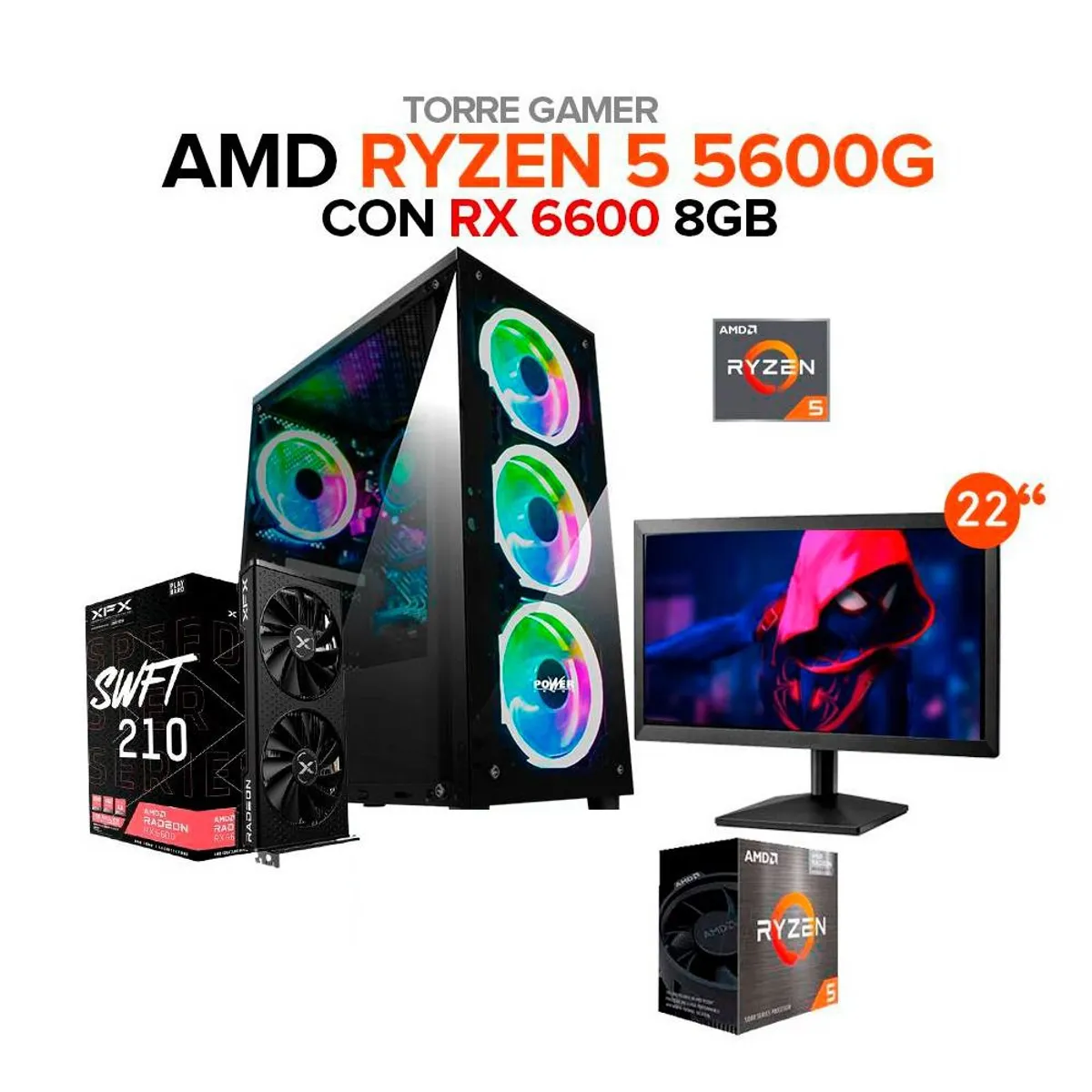 AMD - PC Gamer Ryzen 5 5600G/RAM 16GB /RX6600 8GB /SSD 1TB /Board A-520 + Monitor 22"