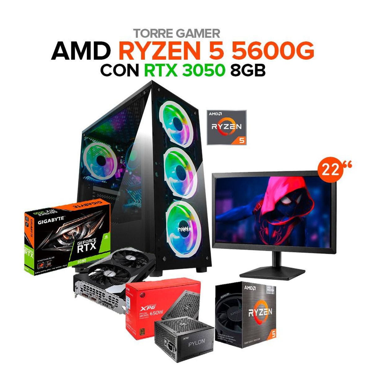AMD - PC Gamer Ryzen 5 5600G /RAM 16GB/RTX 3050 6GB/SSD 1TB/Board A-520 + Monitor 22"