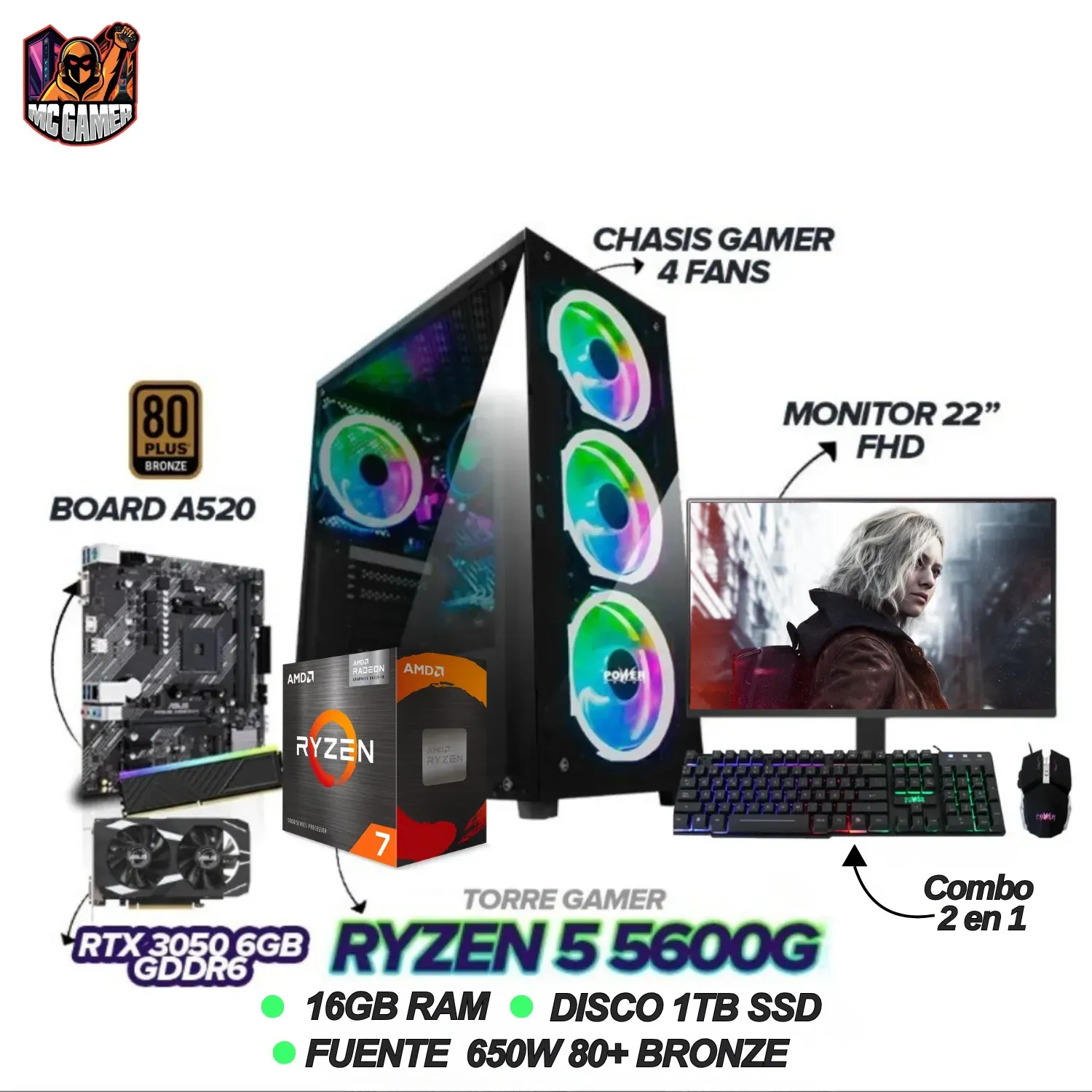TORRE GAMER RYZEN 5 5600G - RTX 3050 6GB - 16GB RAM - 1TB SSD M.2 