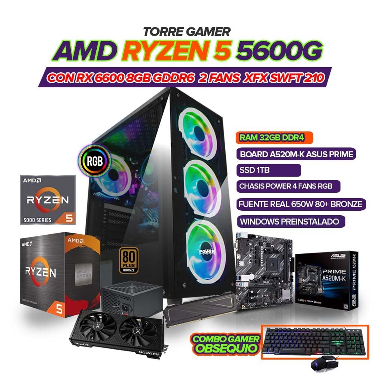 AMD - PC Gamer Ryzen 5 5600G/RAM 32GB/RX 6600 8GB/SSD 1TB/Board A-520
