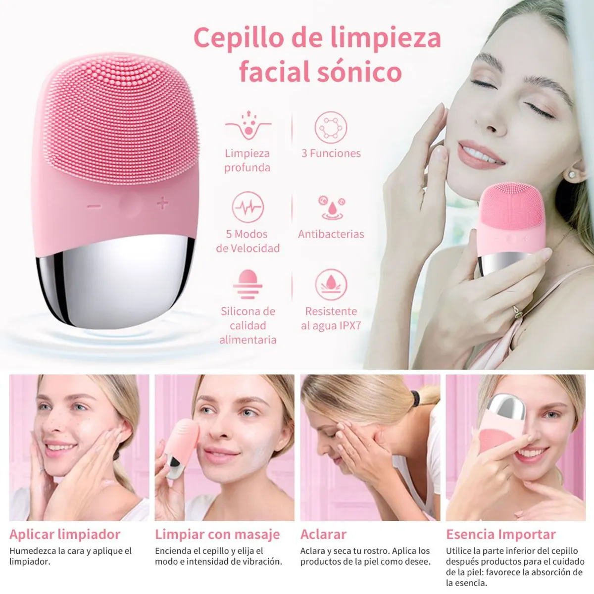 CARER SPARK - Cepillo Facial Limpiador Luna Fofo Exfoliador Masajeador Rosa