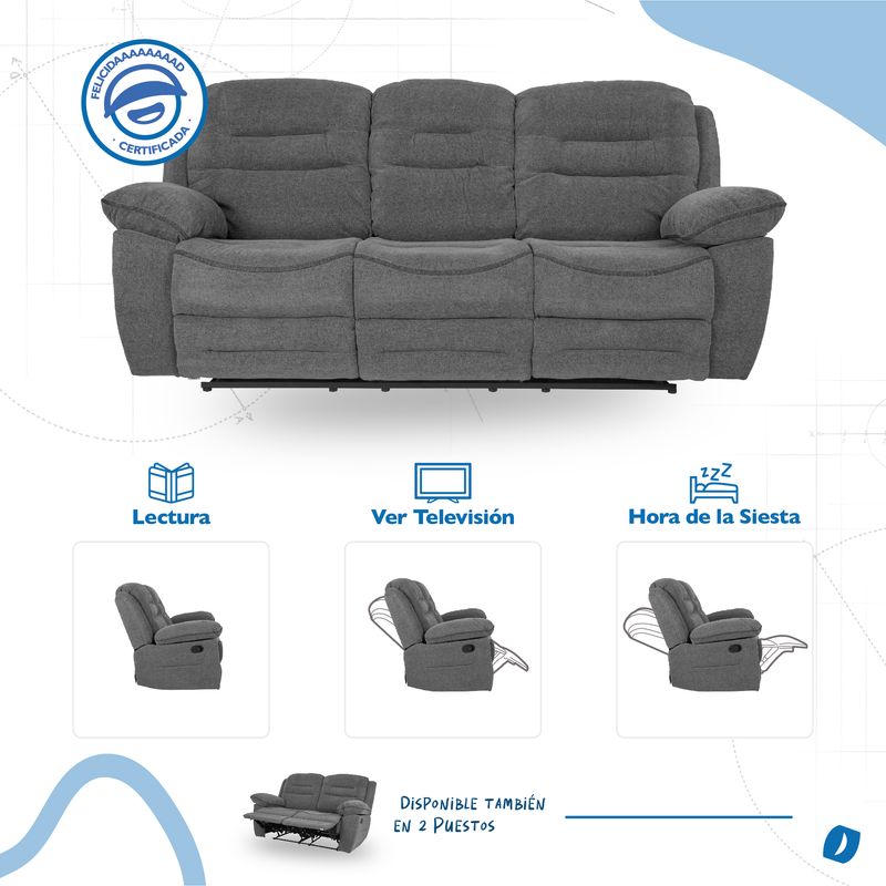 MUEBLES FIOTTI - Sofa Reclinable 3 Puestos Gris Poliester Macario