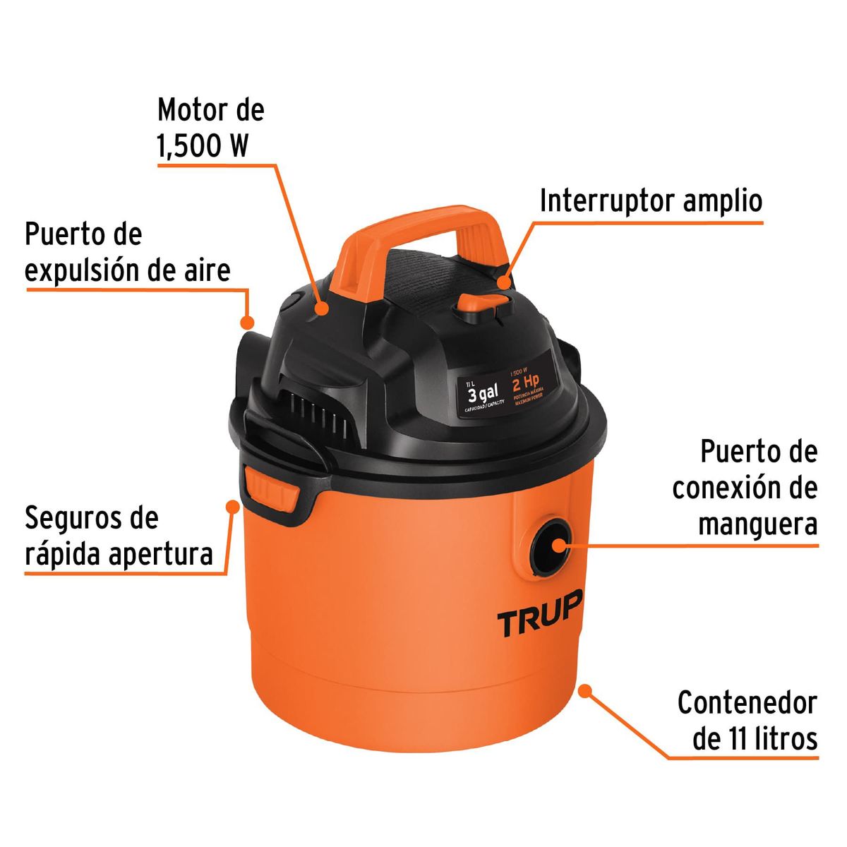 TRUPER - Aspiradora de sólidos y líquidos de 3 gal, plástica, Truper