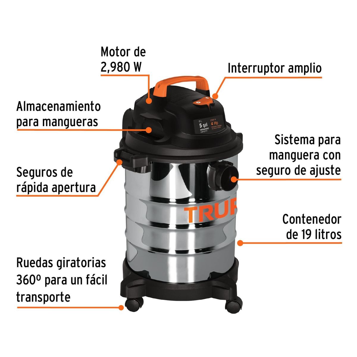 TRUPER - Aspiradora de sólidos y líquidos de 5 gal en acero inoxidable