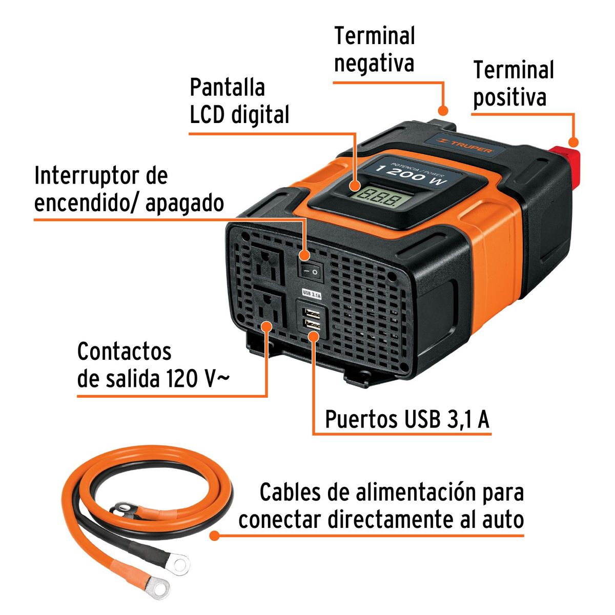 TRUPER - Inversor de corriente de 1200 W con puertos USB, Truper