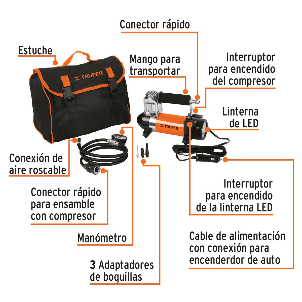 TRUPER - Compresor de aire 12 V portátil, para auto, incluye maletín, Truper