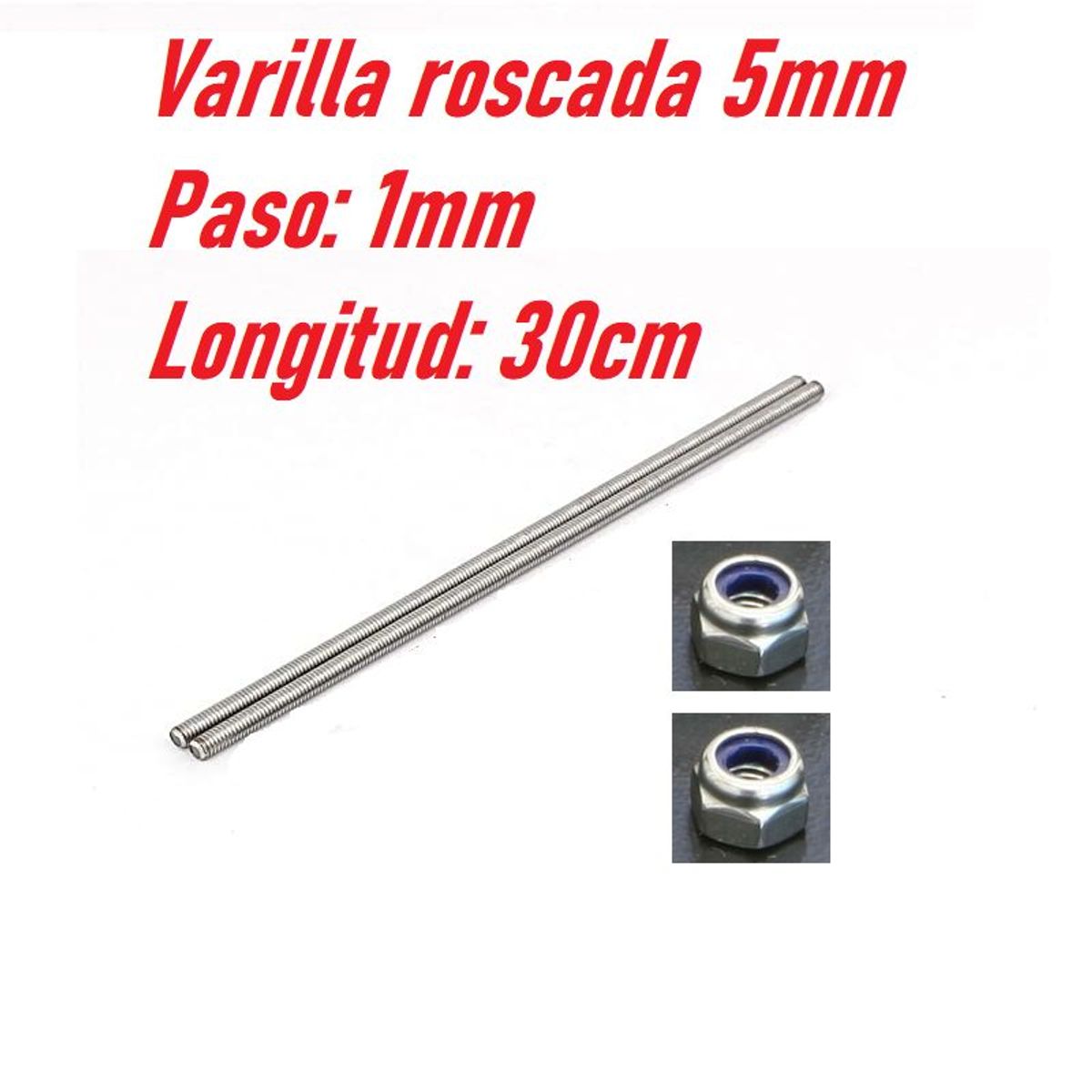 GENERICO - Varilla Roscada 5mm M5 Longitud 30cm Paso 1mm Acero Inoxidable Tuerca
