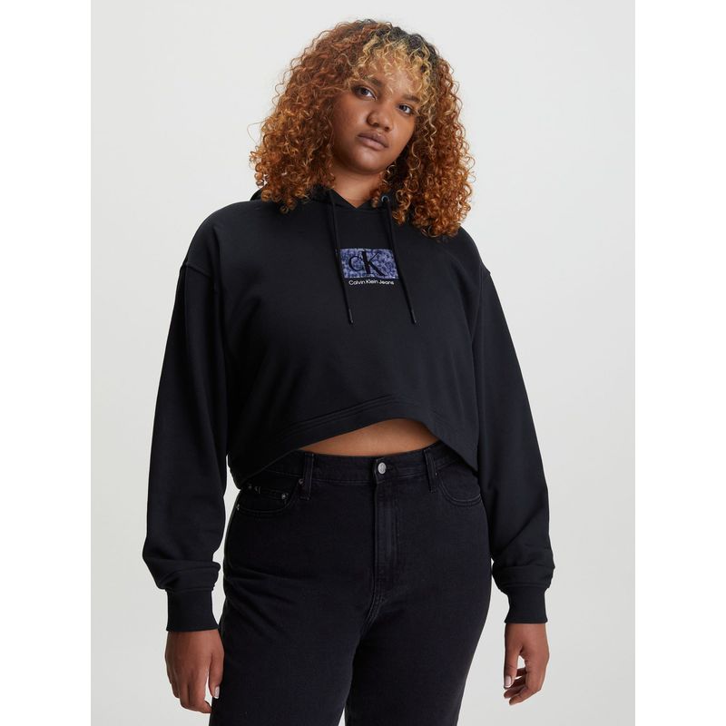 CALVIN KLEIN - Buzo Negro Con Gorro Cropped Oversized Logo Para Mujer Calvin Klein