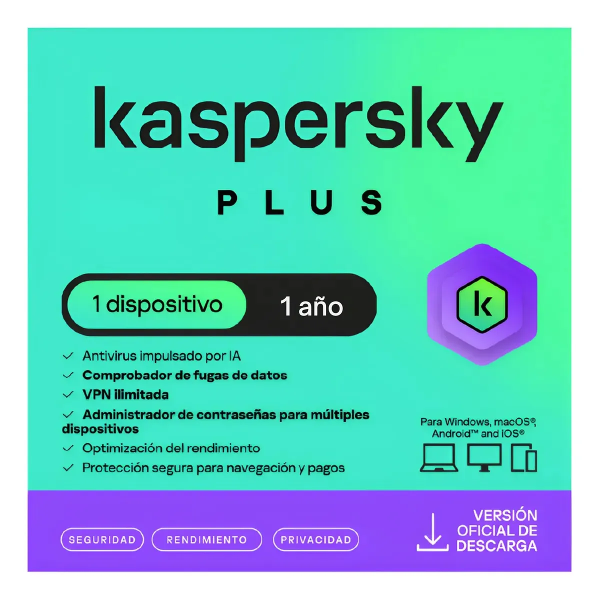 KASPERSKY - Antivirus Kaspersky Plus 1 Dispositivo 1 Año Digital
