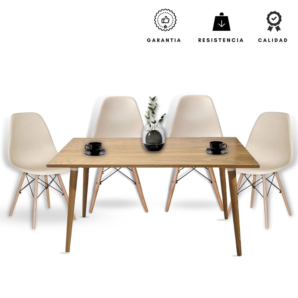 EKONOMODO COLOMBIA - Juego de Comedor de 4 Puestos – Mesa en Madera Robledo + 4 Sillas Tipo Eames