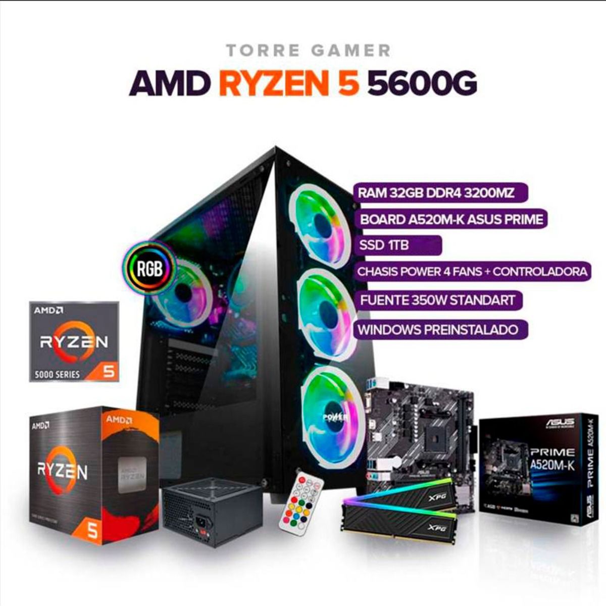 AMD - Torre Gamer Ryzen 5 5600G/RAM 32GB/SSD 1TB/Board A-520M-K/350W Standard
