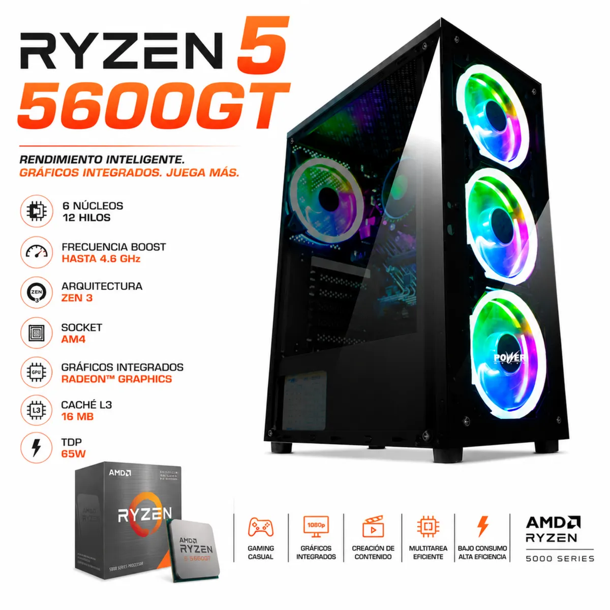 AMD - TORRE GAMER | RYZEN 5 5600GT | RAM 32GB | SSD 1TB M.2 | CHASIS 4 FANS | IDEAL PARA GAMING