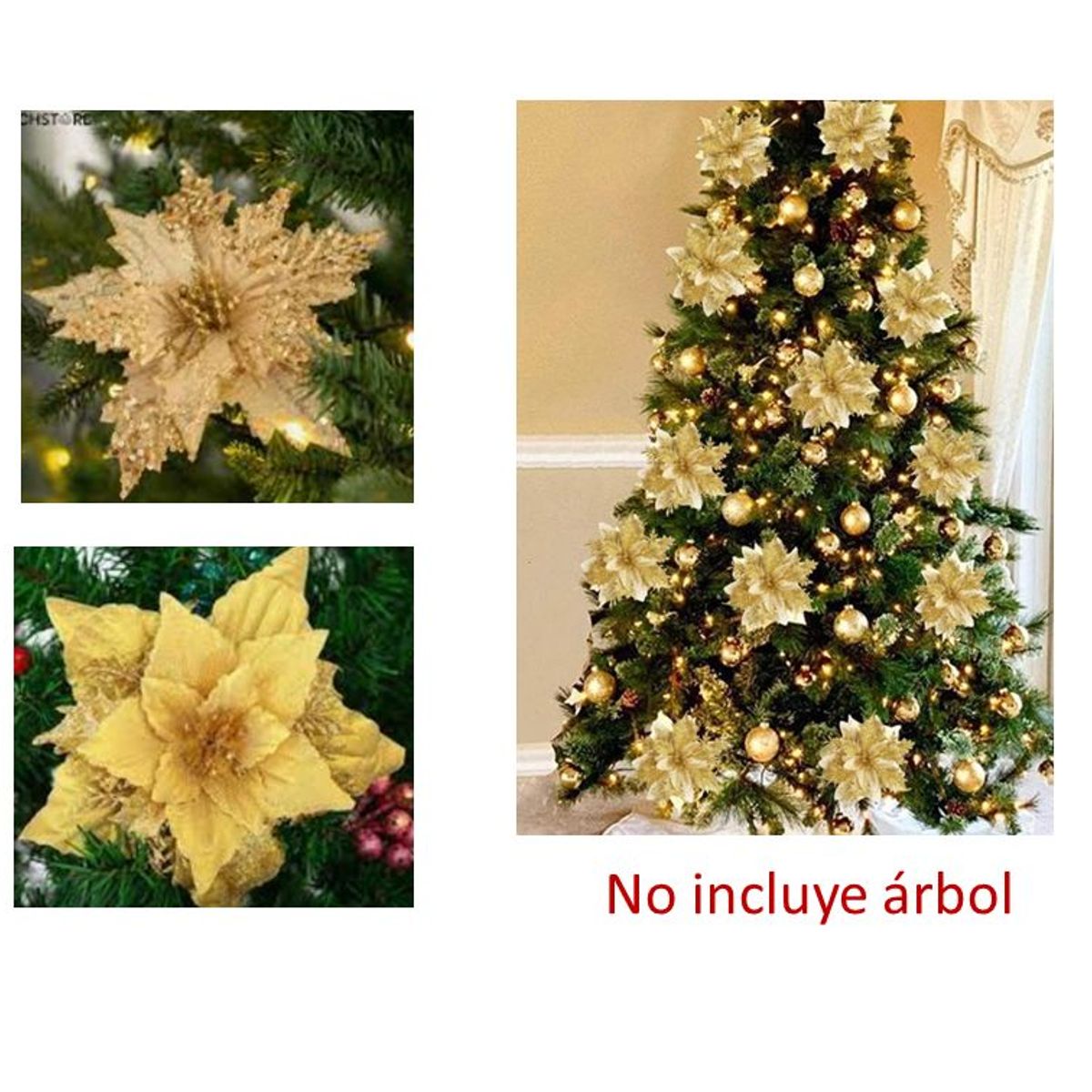 IKSA - Flores Navideñas Paquete X10 Medianas Color Dorada Decoración y Árbol