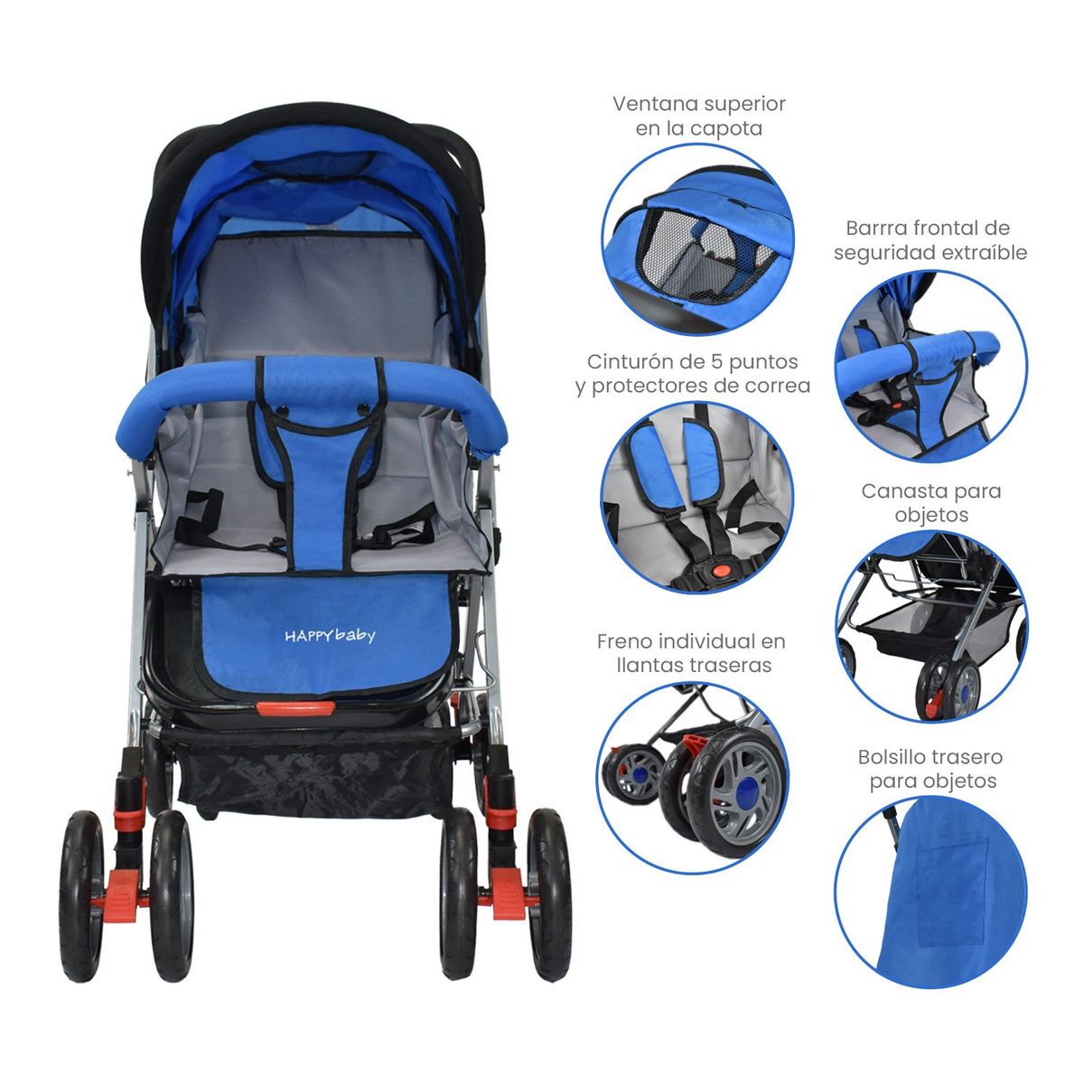 HAPPY BABY - Coche Reversible Bebé Dallas Con Pañalera Happy Baby Azul