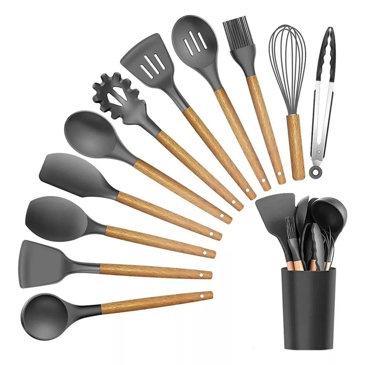 KITCHEN - Set De Utensilios De Cocina 12 Piezas En Silicona Gris.
