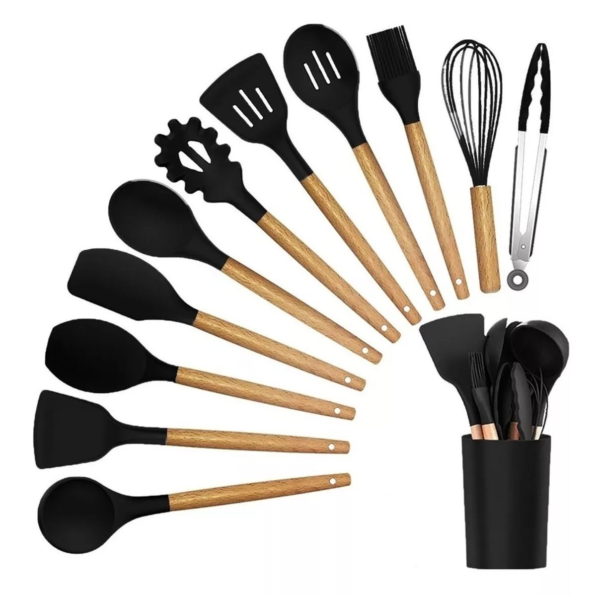 KITCHEN - Set De Utensilios De Cocina 12 Piezas En Silicona Negro.